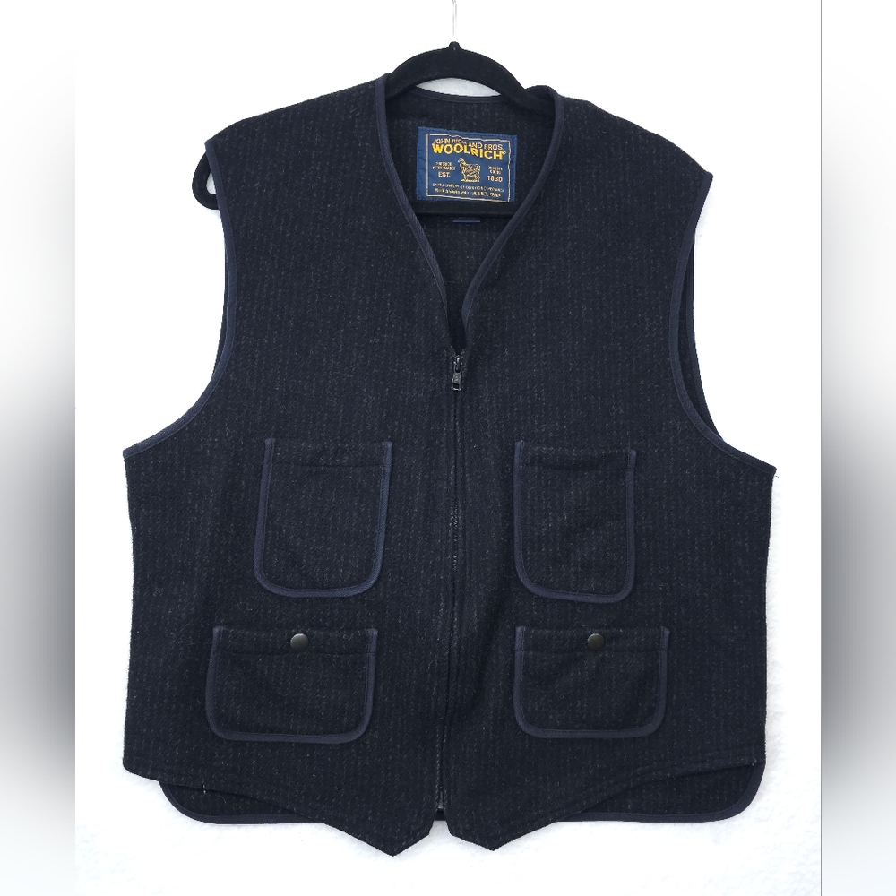 Vtg Woolrich Utility Vest Wool Mens Large Black Full Zip Pinstripe Made In USA